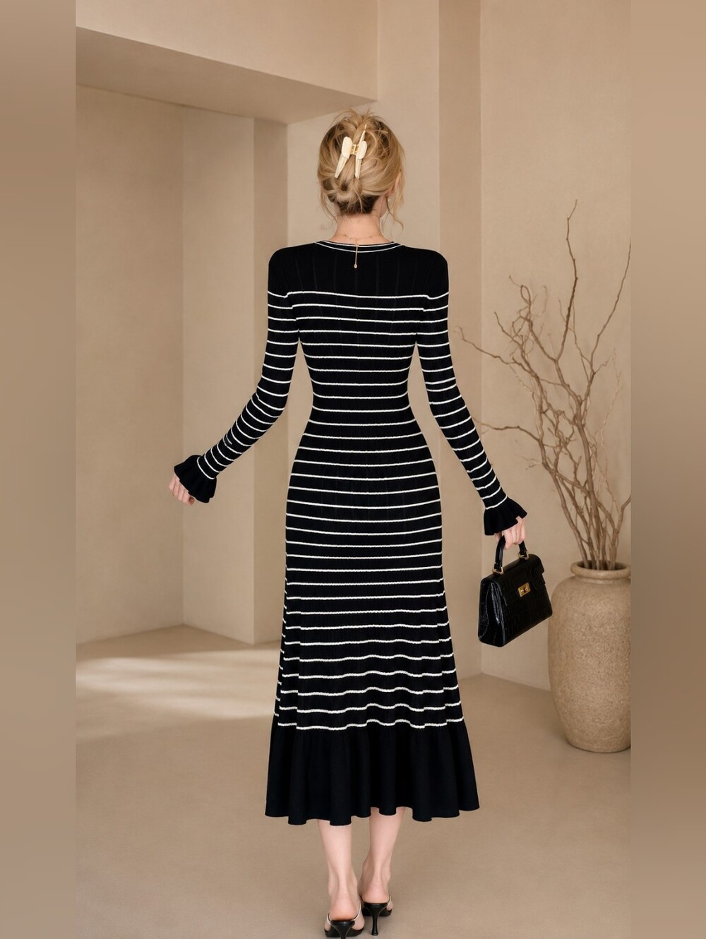 Sandro Elegant Black & White Striped Maxi Knit Dress with Button Front - Picture 2 of 9